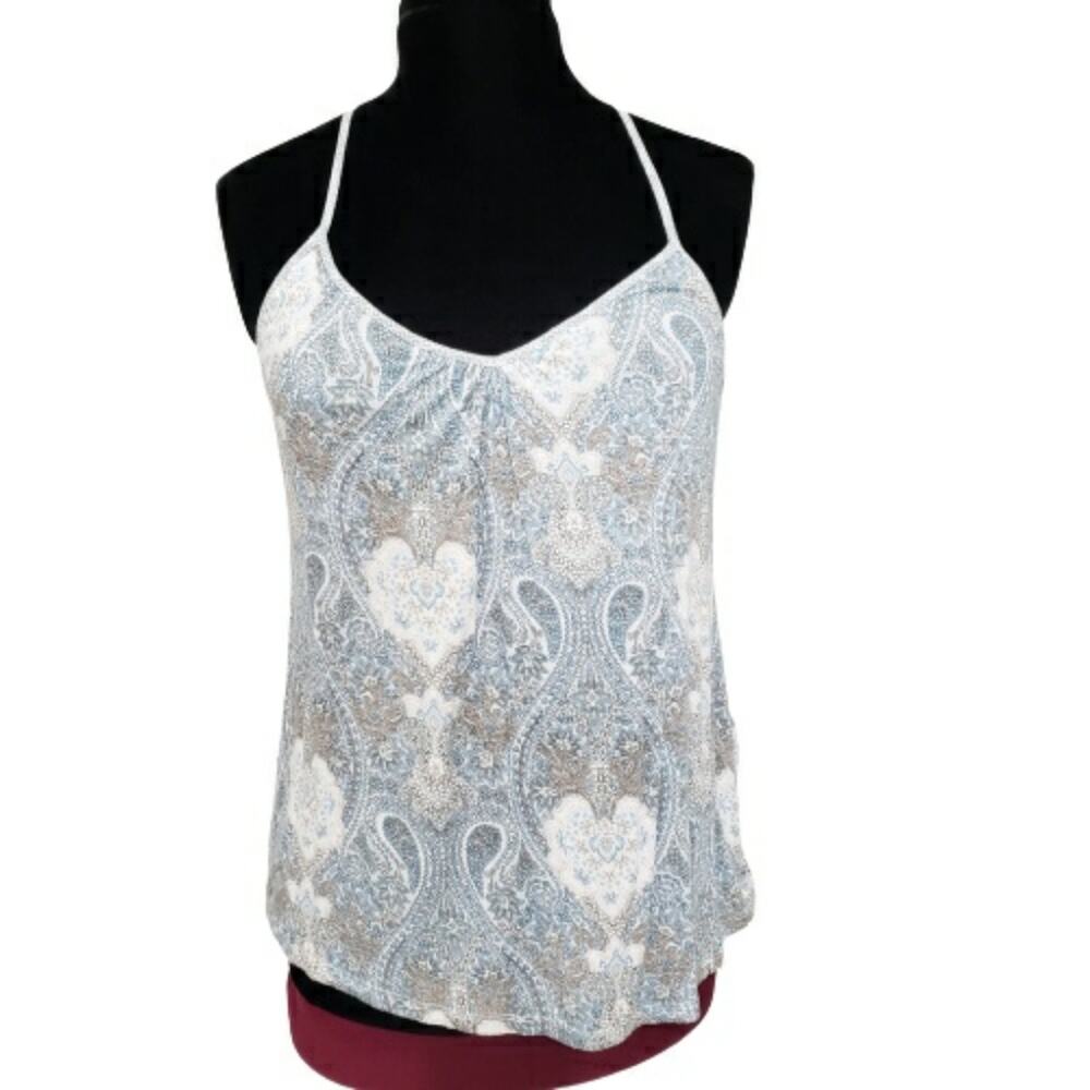 Ink & Ivy Blue Paisley and Floral T Back Plunge V Neckline Tank Top Blouse M Y2K